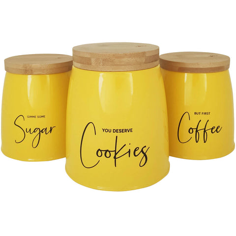 Kit 3 Latas Coffee Sugar e Cookies Sunshine Yoi Potes para Biscoitos Açúcar e Café em Aço e Bambu Mostarda Kit 3 Latas Coffee Sugar e Cookies Sunshine Yoi Potes para Biscoitos Açúcar e Café em Aço e Bambu Mostarda