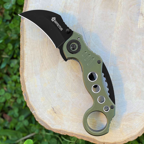 Canivete Tático Karambit Invictus Shark Aço Inox 420 Cabo de Alumínio Verde