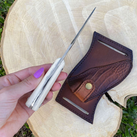 Faca Coreadeira Mini Knife 4' Lamina Aço Inox 420C Full Tang Cabo de Osso e Bainha de Couro Zanline