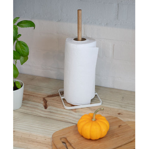 Suporte Para Papel Toalha De Aço Carbono Branco e Madeira Porta Rolo De Papel Toalha De Mesa Yoi