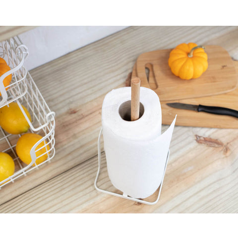 Suporte Para Papel Toalha De Aço Carbono Branco e Madeira Porta Rolo De Papel Toalha De Mesa Yoi