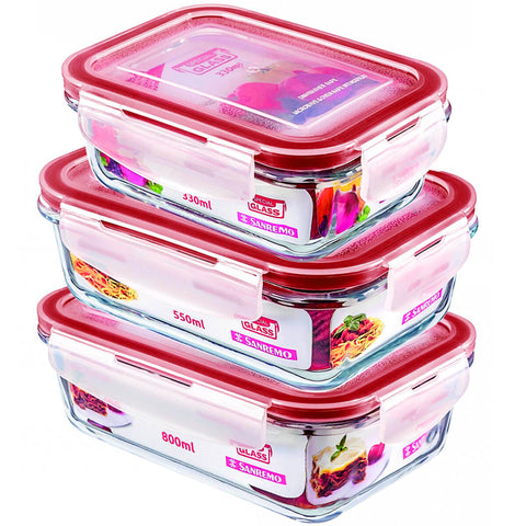 Kit 3 Potes Herméticos de Vidro Com Tampa 330ml 550ml 800ml Marmita Retangular Com Travas Sanremo