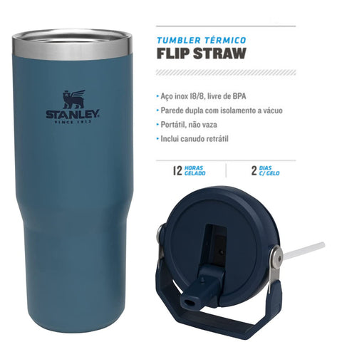 Garrafa Térmica Stanley 887ml Inox Tampa com Alça e Bico com Canudo Flip Straw Tumbler Lagoon