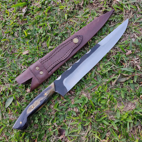 Faca Artesanal Churrasco Aço Cirúrgico Inox 420c Fulltang 10' Thomazi Brut Forge Cabo de Chifre