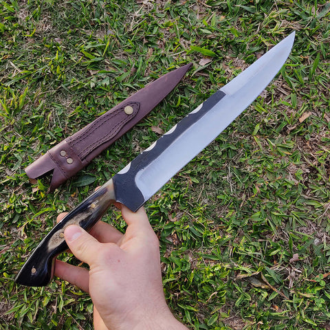 Faca Artesanal Churrasco Aço Cirúrgico Inox 420c Fulltang 10' Thomazi Brut Forge Cabo de Chifre