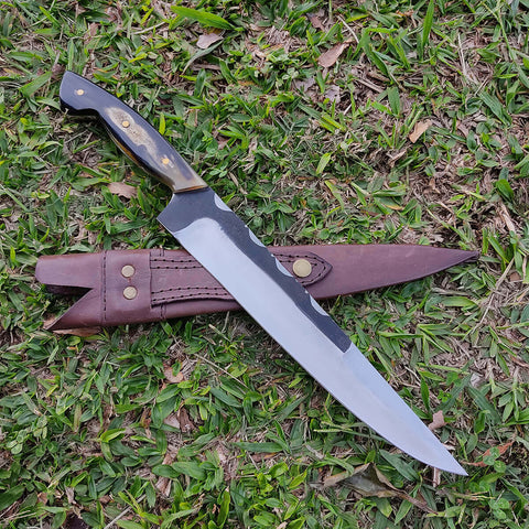 Faca Artesanal Churrasco Aço Cirúrgico Inox 420c Fulltang 10' Thomazi Brut Forge Cabo de Chifre