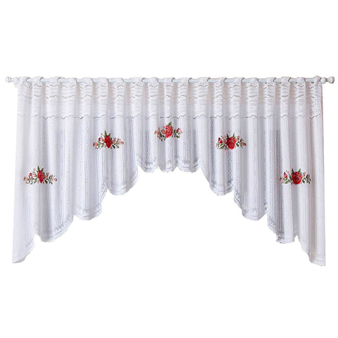 Cortina Cascata De Renda Floral Vermelho Para Cozinha 3mx1m Premium Branca