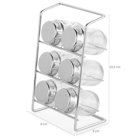 Jogo 6 Porta Temperos De Vidro Com Suporte Para Bancada Porta Condimentos Elegance Forma Inox