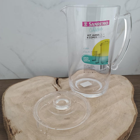 Jogo Jarra de Acrílico 2L e 4 Copos para Bebidas Água Suco Transparente Sanremo