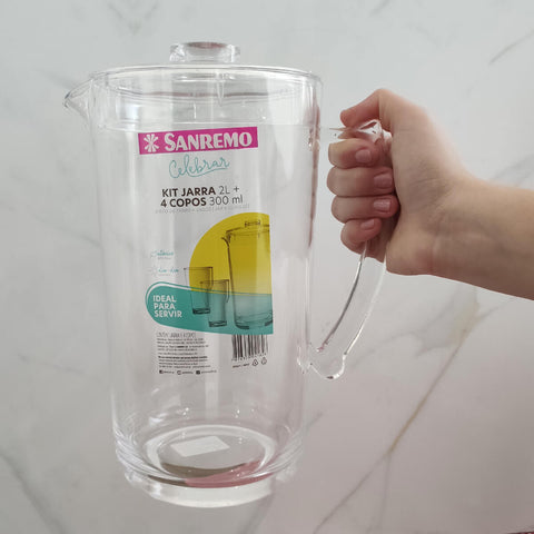 Jogo Jarra de Acrílico 2L e 4 Copos para Bebidas Água Suco Transparente Sanremo