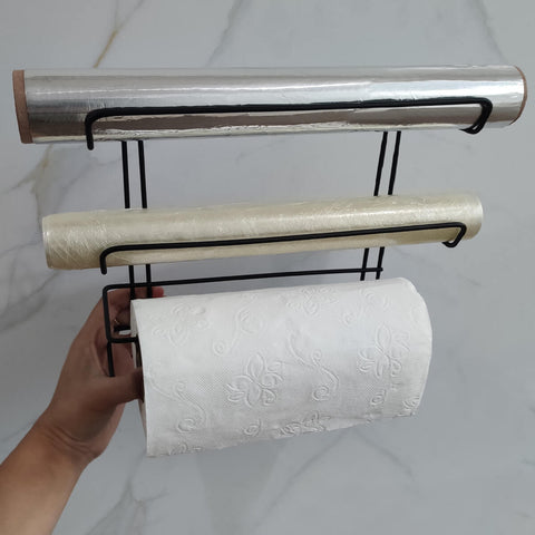 Suporte Rolos Porta Papel Toalha Alumínio PVC Plástico Filme de Parede Preto Stolf