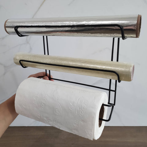 Suporte Rolos Porta Papel Toalha Alumínio PVC Plástico Filme de Parede Preto Stolf