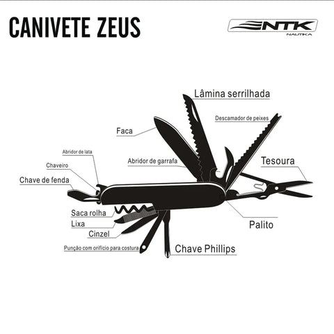 Canivete Multiuso Zeus Nautika Aço Inox 420 Com 15 Funções Azul Com Bainha Preta