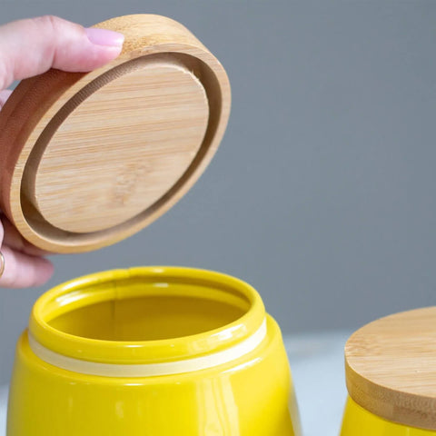 Lata Sugar Porta Condimentos 800ml Pote para Açúcar em Aço e Bambu Sunshine Mostarda