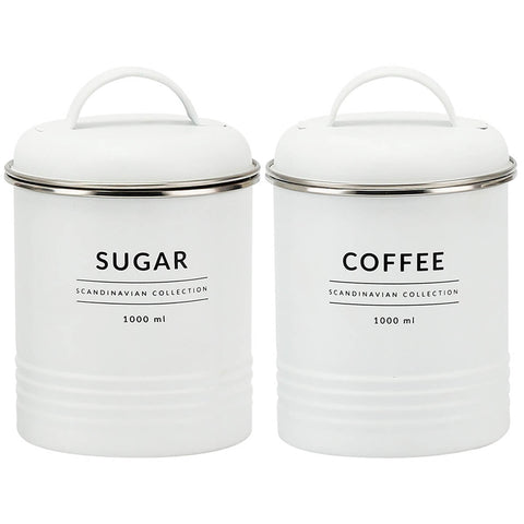 Conjunto 2 Latas Decorativas Cozinha Porta Café e Porta Açúcar de Metal Copenhag Yoi Branco Fosco