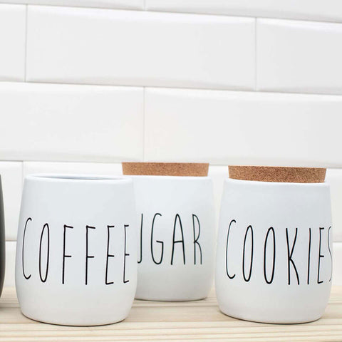 Kit 3 Porta Condimentos Sugar, Cookies e Coffee 850ml Potes para Açúcar, Biscoitos e Café OAK Branco