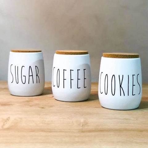 Kit 3 Porta Condimentos Sugar, Cookies e Coffee 850ml Potes para Açúcar, Biscoitos e Café OAK Branco