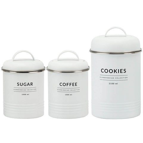Conjunto 3 Latas Decorativas Cozinha Porta Café Açúcar e Biscoitos Copenhag Yoi Branco Fosco