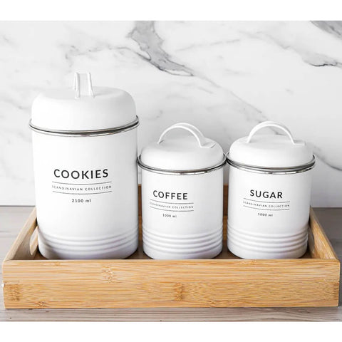 Conjunto 3 Latas Decorativas Cozinha Porta Café Açúcar e Biscoitos Copenhag Yoi Branco Fosco