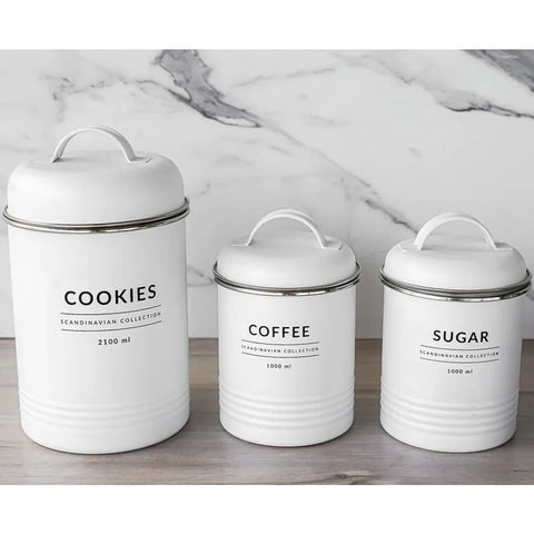Conjunto 3 Latas Decorativas Cozinha Porta Café Açúcar e Biscoitos Copenhag Yoi Branco Fosco