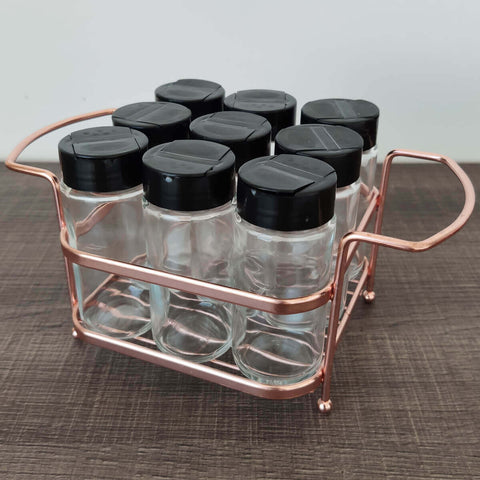 Porta Temperos Condimentos 9 Potes de Vidro Organizador Suporte Rose Gold