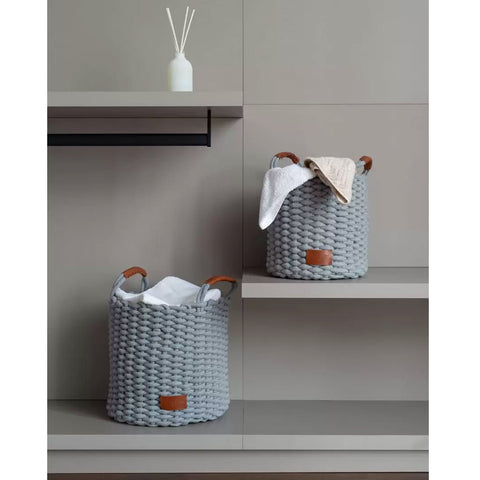 Cesto Organizador De Tecido Cinza 38X38cm Cesto De Corda Trançado Com Alças De Couro Soho Yoi