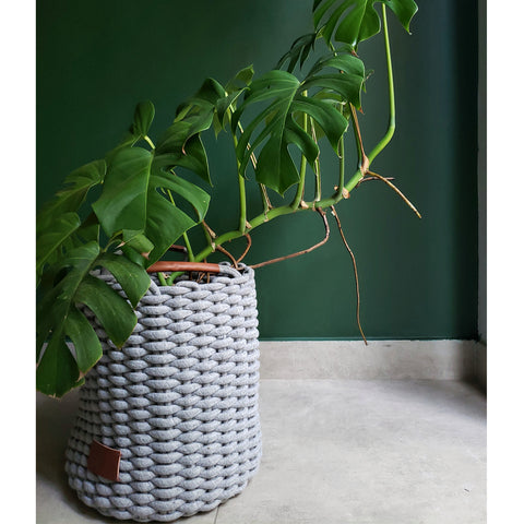 Cesto Organizador De Tecido Cinza 38X38cm Cesto De Corda Trançado Com Alças De Couro Soho Yoi