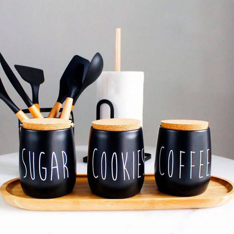 Pote Porta Condimentos Cookies Lata para Biscoitos em Metal e Tampa em Cortiça 850ml OAK Yoi Preto