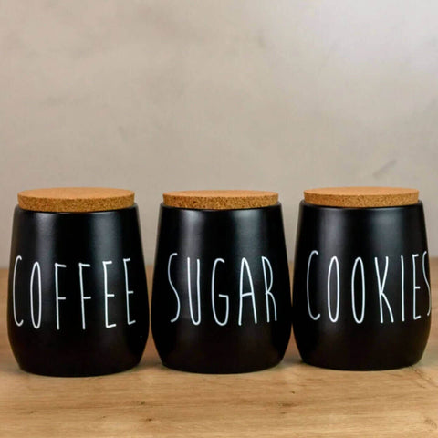 Kit 3 Latas Porta Condimentos Sugar Cookies e Coffee Potes Açúcar Biscoitos e Café 850ml OAK Preto