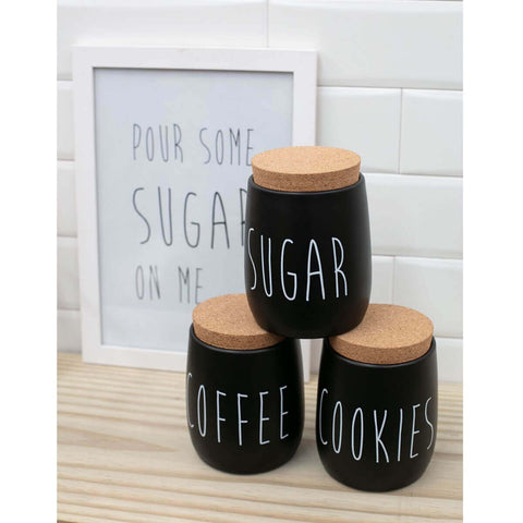Kit 3 Latas Porta Condimentos Sugar Cookies e Coffee Potes Açúcar Biscoitos e Café 850ml OAK Preto