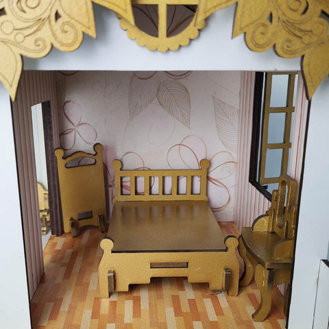 Casinha de Bonecas Infantil em Madeira MDF Casa de Brinquedo 2 Andares com 22 Móveis Sulartes Dourada