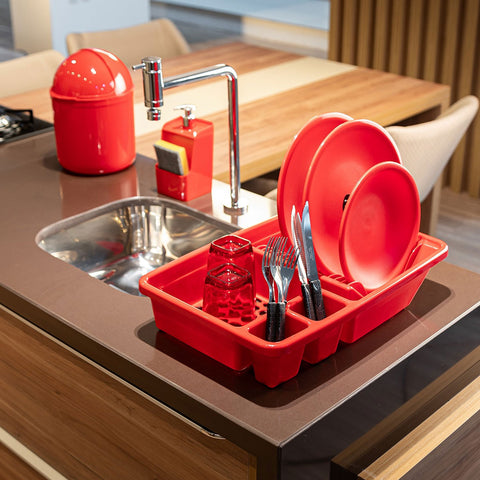 Kit Organizadores de Pia de Cozinha 3 Peças UZ Lixeira 4l Escorredor e Dispenser 500ml Plástico Vermelho