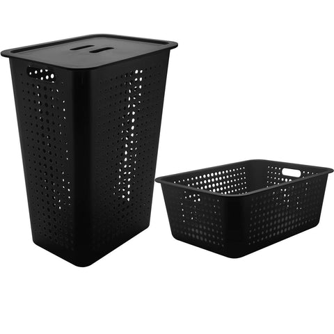 Conjunto Cesto Organizador Para Roupas Com Tampa E Caixa Organizadora Preto