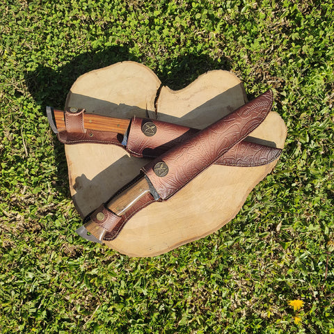 Faca Full Tang Bushcraft Artesanal Caça Pesca 10' Aço Inox Cabo Madeira Bainha de Couro Zanline