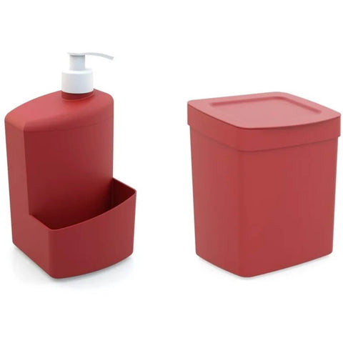 Kit para Pia de Cozinha 2 Peças Porta Detergente e Esponja 700ml e Lixeira 2,5L Full Utility Vermelho