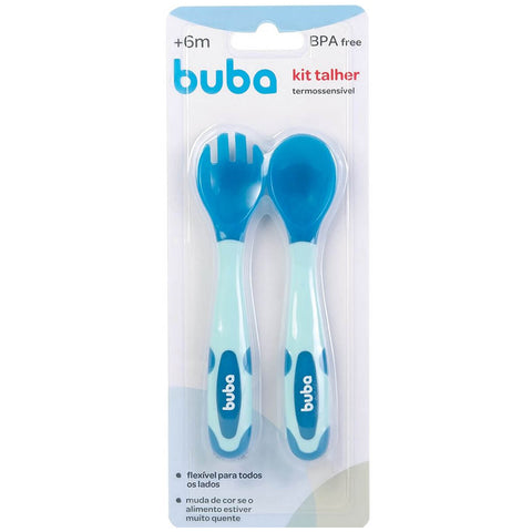 Kit Talheres para Bebê Flexíveis e Termossensíveis Garfo e Colher Silicone Buba Azul