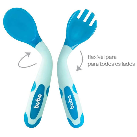 Kit Talheres para Bebê Flexíveis e Termossensíveis Garfo e Colher Silicone Buba Azul