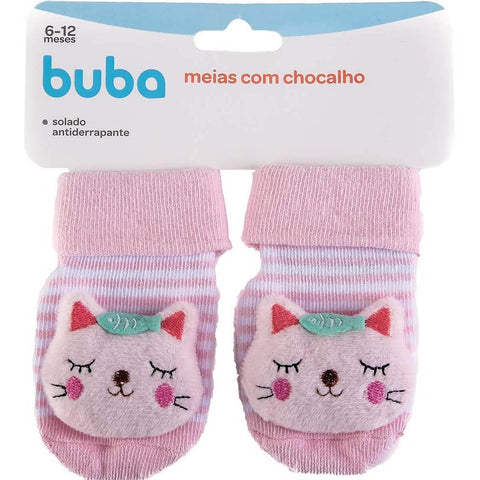 Meias Antiderrapantes com Chocalho Buba Meias Divertidas para Bebê Gatinho Rosa