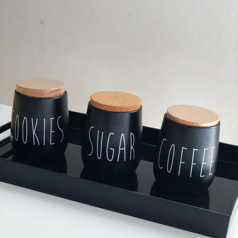 Kit 2 Latas Porta Condimentos Sugar e Coffee 850ml Potes para Açúcar e Café em Metal OAK Yoi Preto