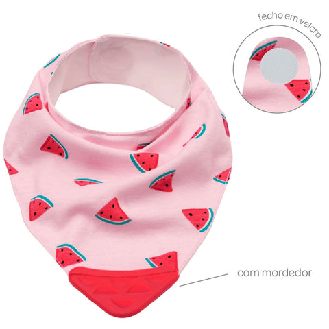 Bandana Babador para Bebê com Mordedor e Fecho Alto Colante Buba Melancia Rosa