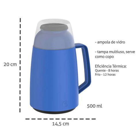 Garrafa Térmica Plástica com Ampola de Vidro Soprano para Bebidas Quentes ou Frias 500ml Azul