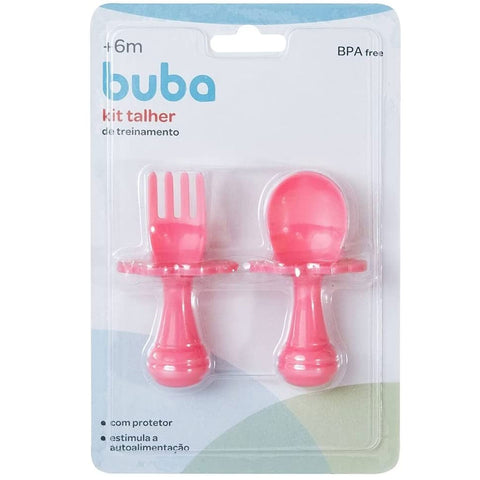 Kit Talheres de Treinamento Buba Colher e Garfo para Bebê com Escudo Limitador Rosa