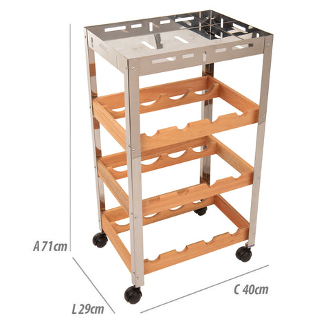 Carrinho Bar para Sala Essence Domama em Aço Inox com Adega em Madeira para 12 Garrafas de Vinho
