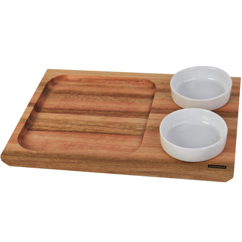 Tábua para Servir Petiscos Churrasco Lanches 30x21cm 2 Molheiras de Porcelana 130ml Utily Domama