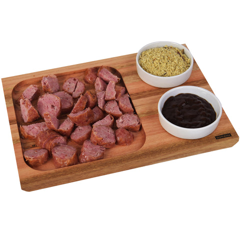 Tábua para Servir Petiscos Churrasco Lanches 30x21cm 2 Molheiras de Porcelana 130ml Utily Domama