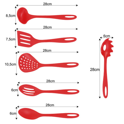 Jogo de Utensílio em Nylon 6 Peças Colheres Espátula Concha Escumadeira e Pegador Utily Vermelho