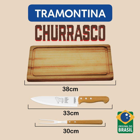 Kit para Churrasco Tramontina Tábua de Corte Garfo e Faca Aço Inox com Cabos Madeira 3 Peças