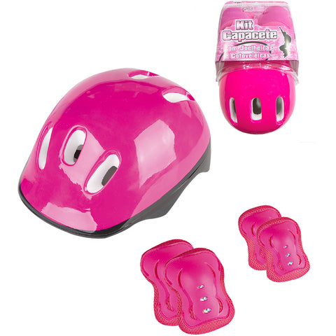 Kit de Proteção Infantil Capacete Joelheiras e Cotoveleiras para Patins Skate Bicicleta Fênix Rosa