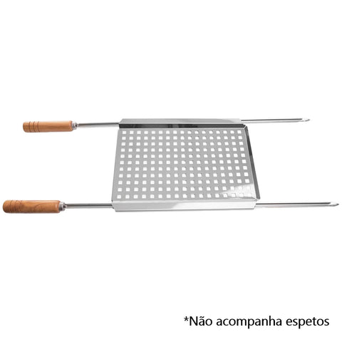 Kit Grelha Perfurada para Carnes e Vegetais 37x29cm Aço Inox com 2 Espetos Simples 85cm Domama