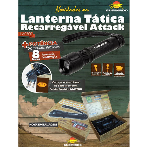 Lanterna Tática Attack Guepardo 140 lumens Bateria 3200mAh Recarregável e Carregador Preta